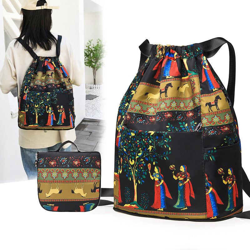 FabFolkTrail™ Folk-Print Foldable Drawstring Backpack