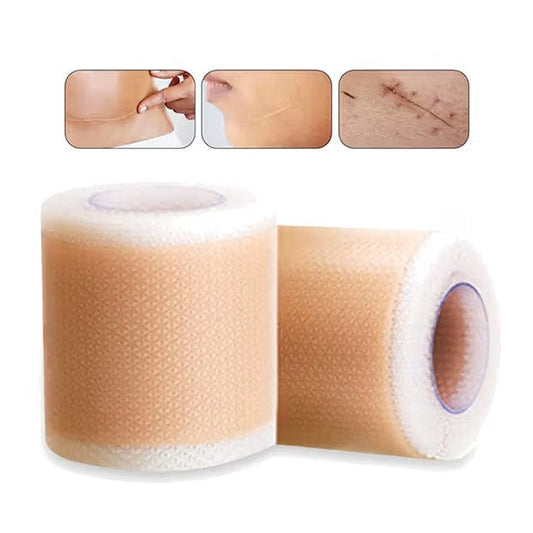 Scar removal self-adhesive silicone gel tape with application examples on a white background