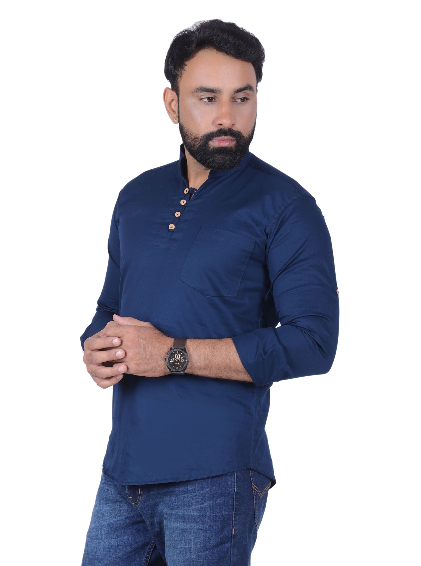 Dark Blue Solid Pure Cotton Straight Kurta - Fab Alchemy