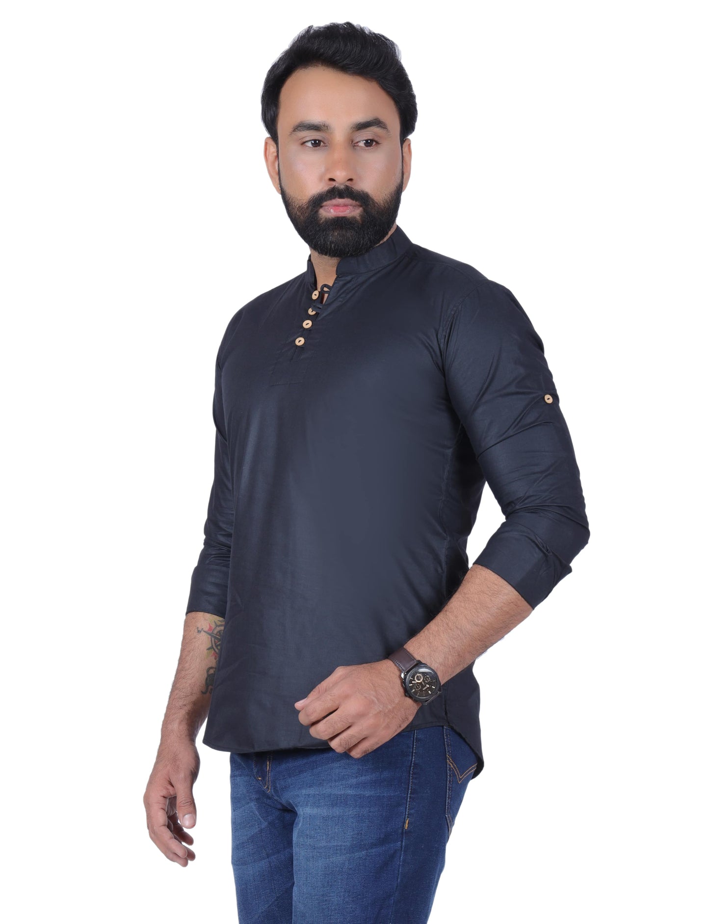 Black Solid Pure Cotton Straight Kurta - Fab Alchemy
