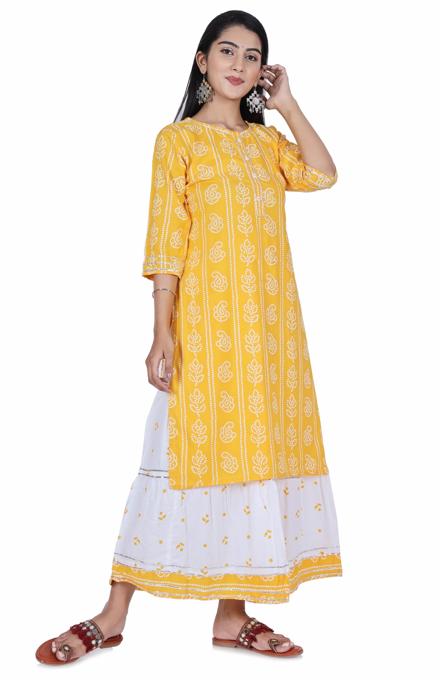 Yellow Printed Cotton Kurta and Skirt Set - Fab Alchemy