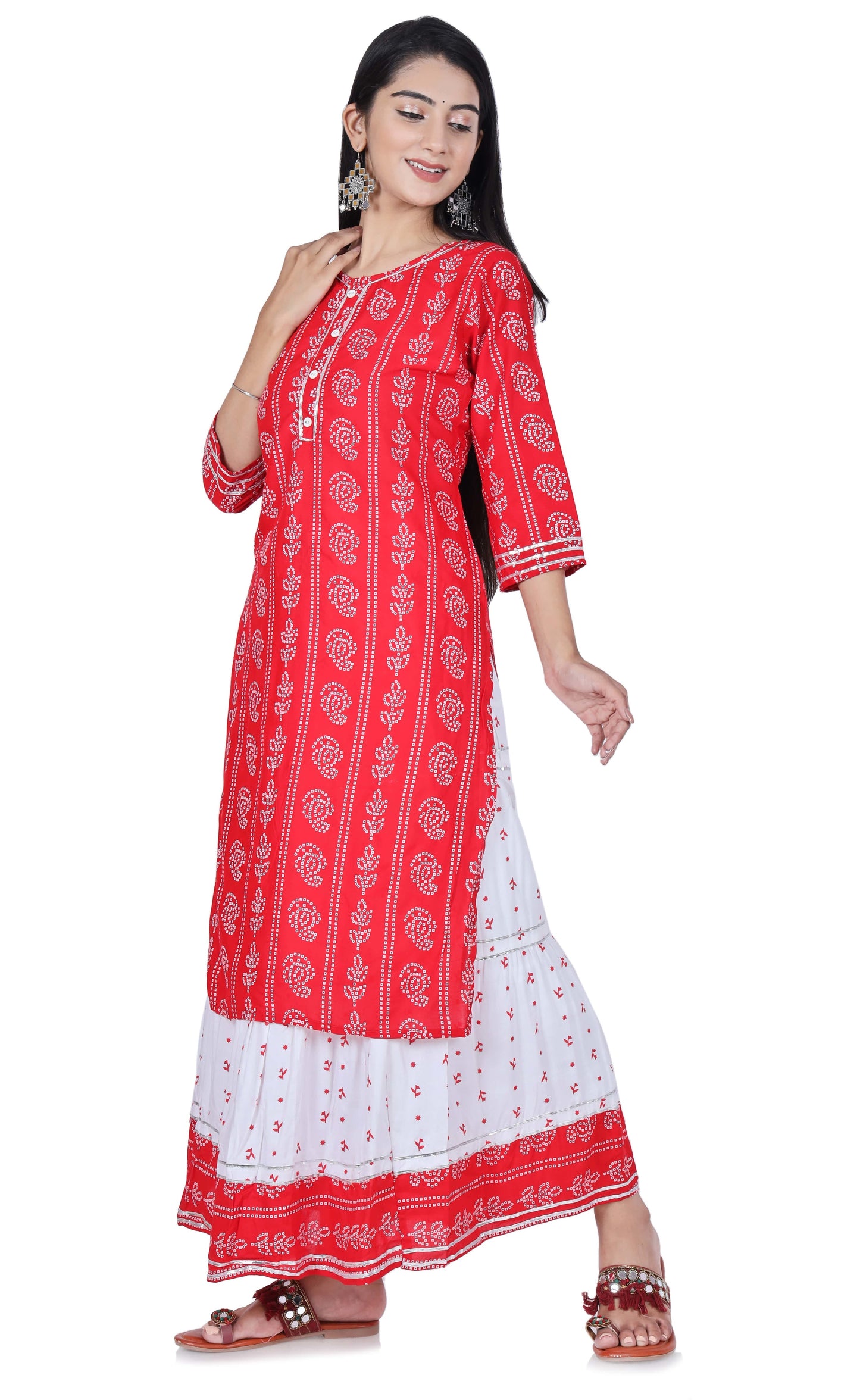 Red Printed Cotton Kurta and Skirt Set - Fab Alchemy