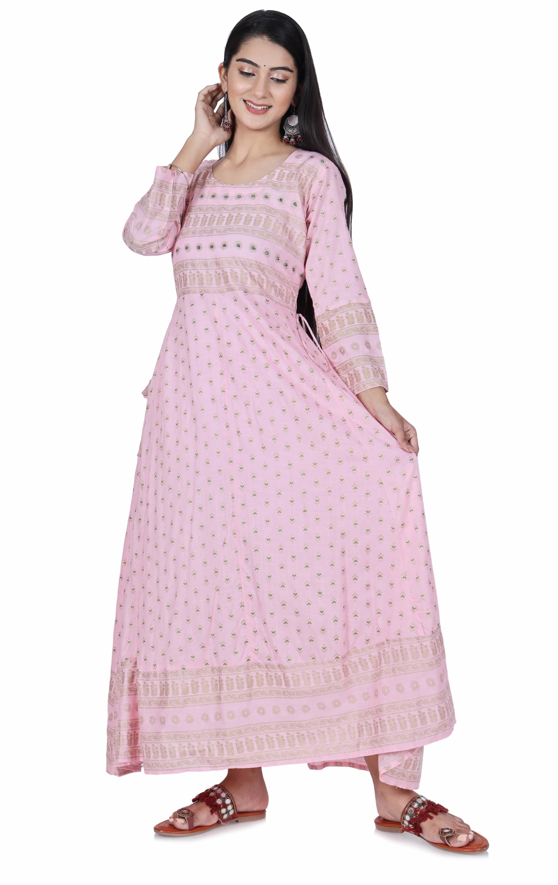 Pink Printed Cotton Flared Kurta - Fab Alchemy