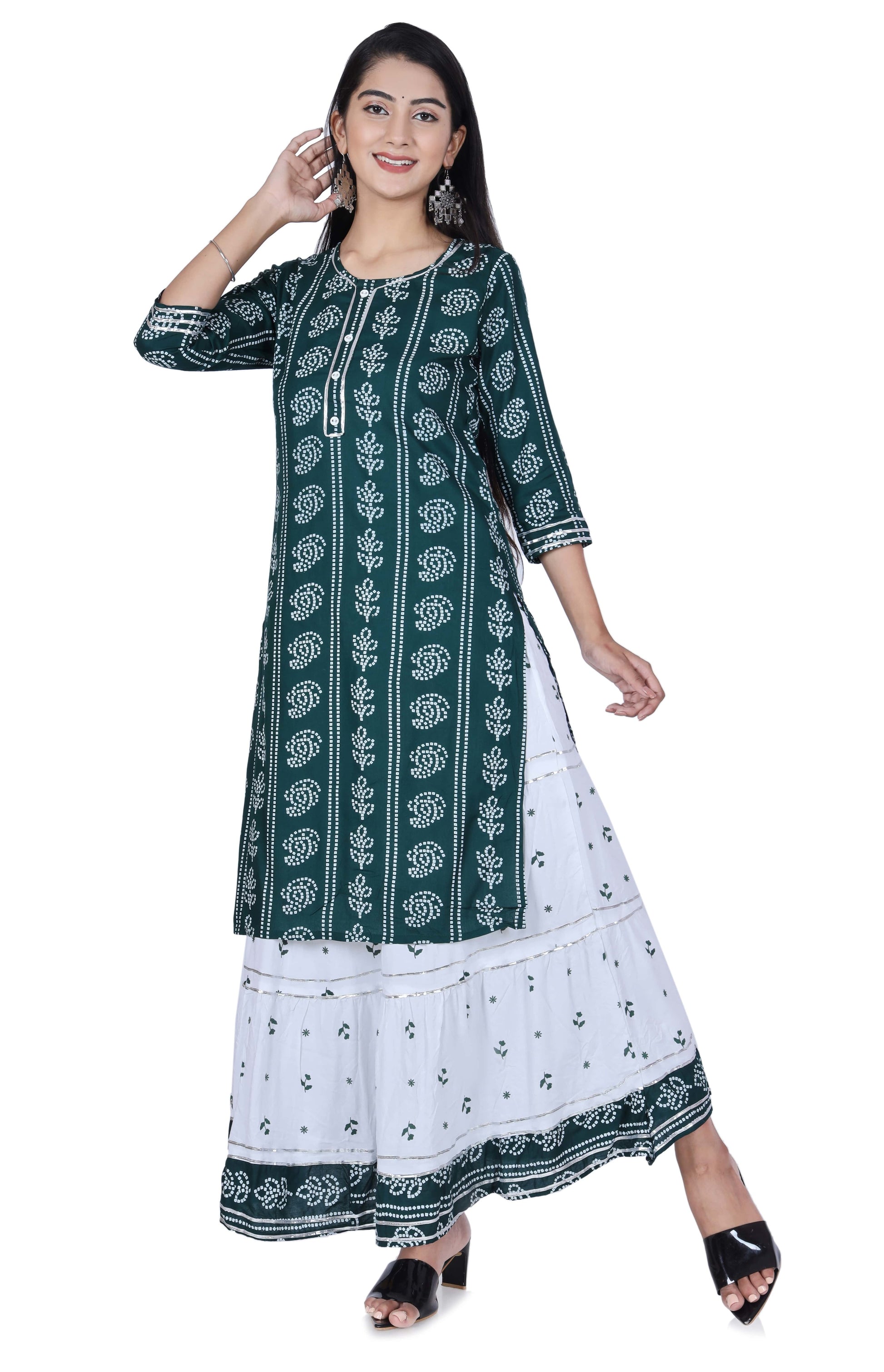Green Printed Cotton Kurta and Skirt Set - Fab Alchemy