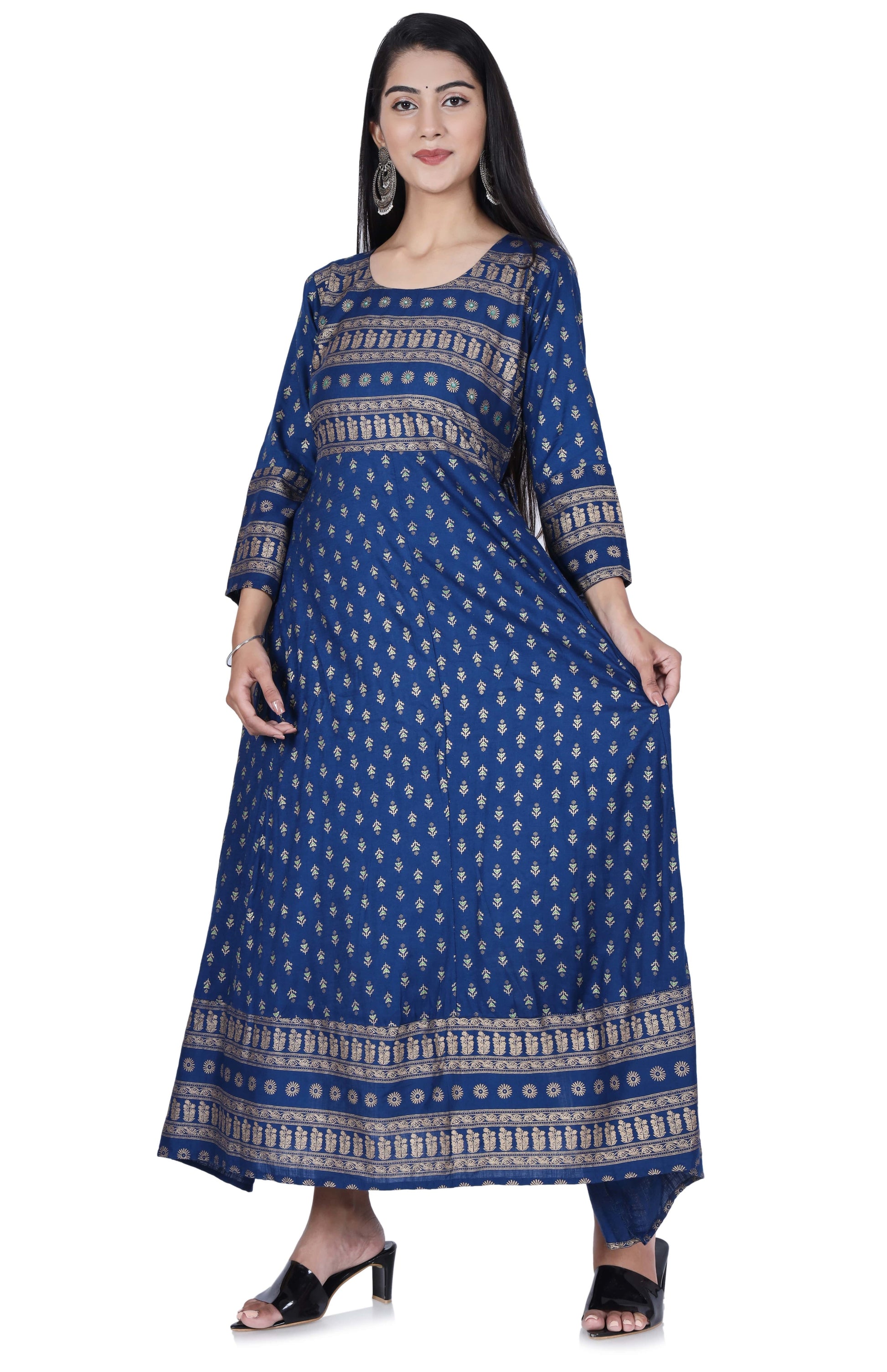 Blue Printed Cotton Flared Kurta - Fab Alchemy