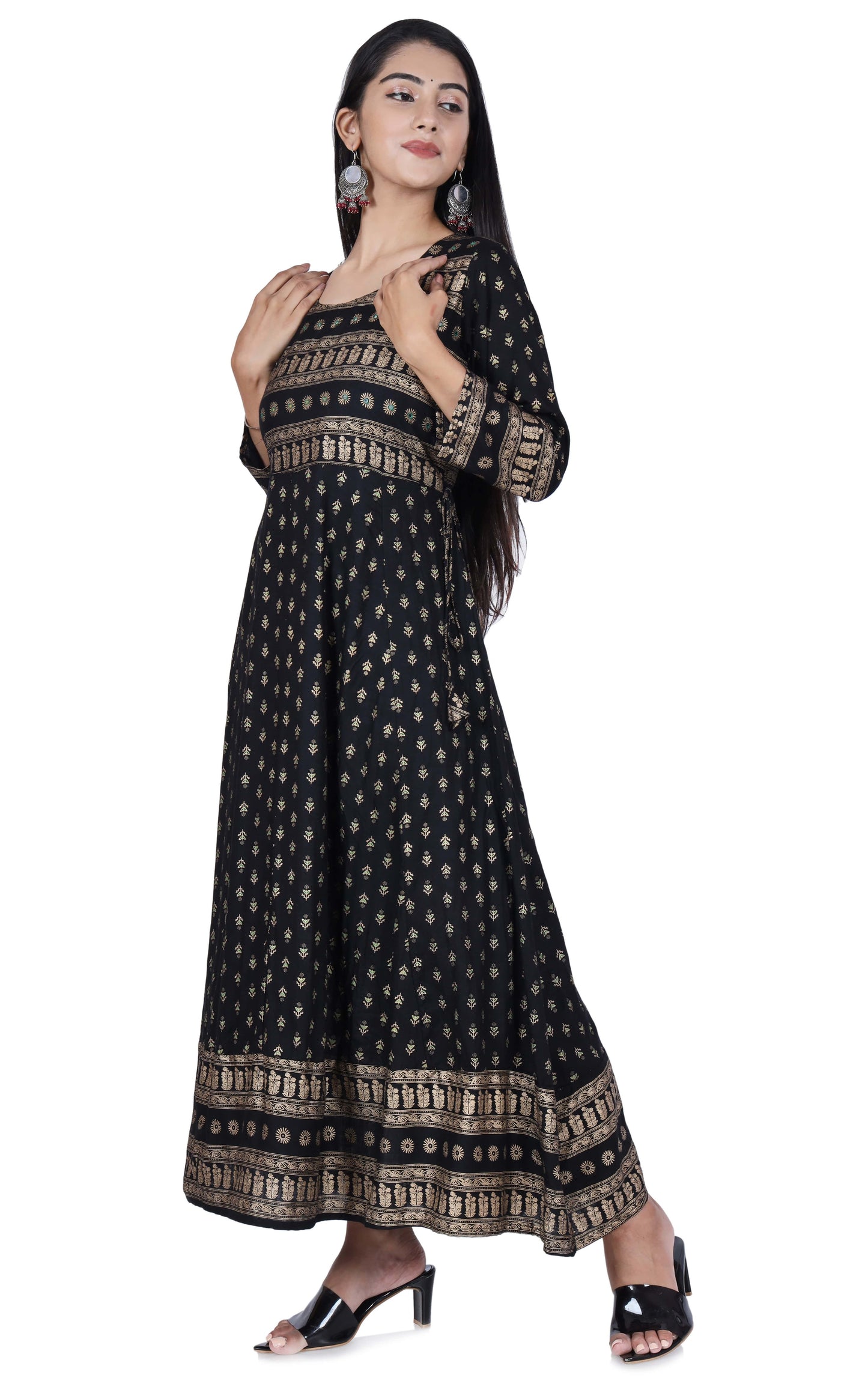Black Printed Cotton Flared Kurta - Fab Alchemy