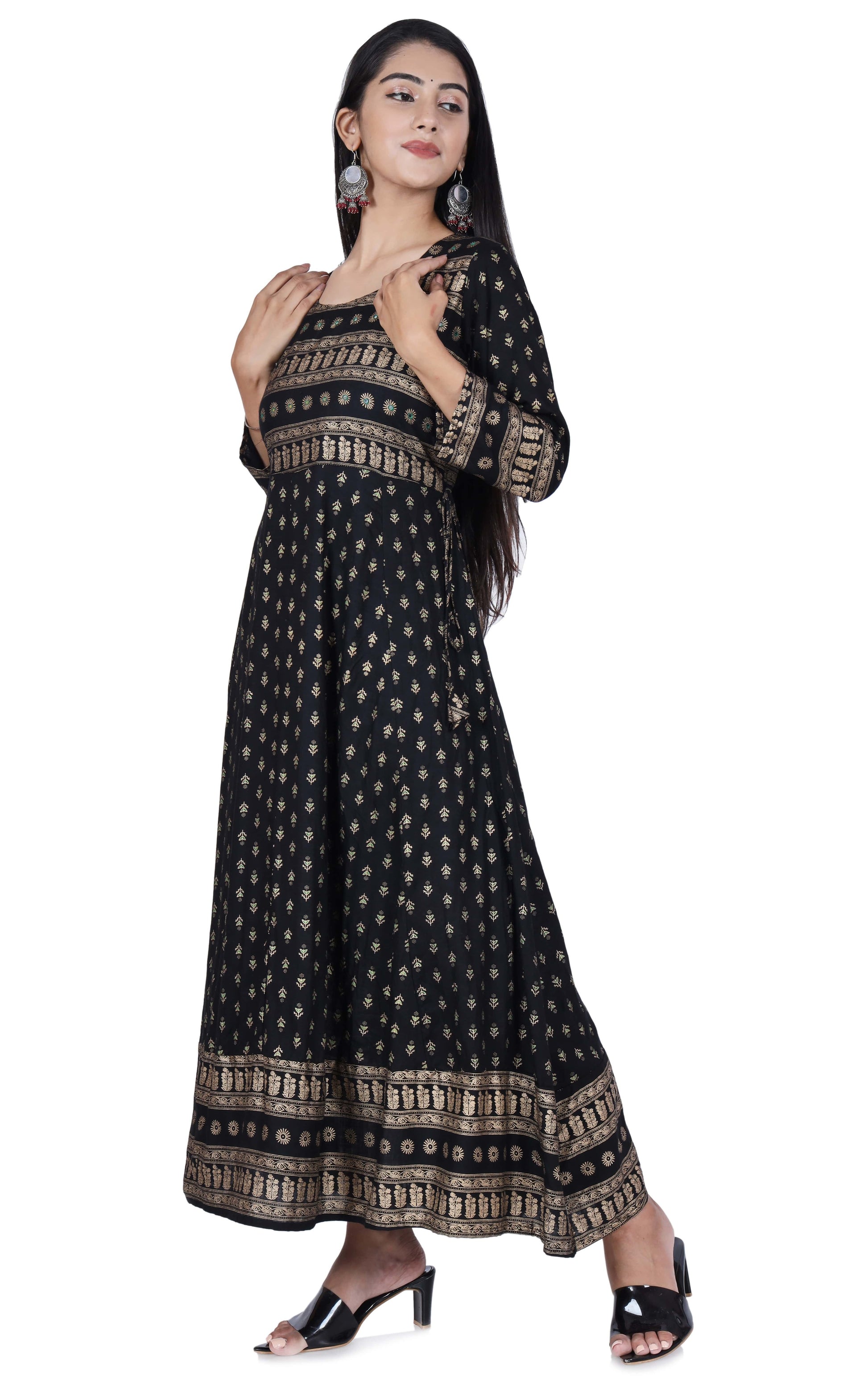 Black Printed Cotton Flared Kurta - Fab Alchemy
