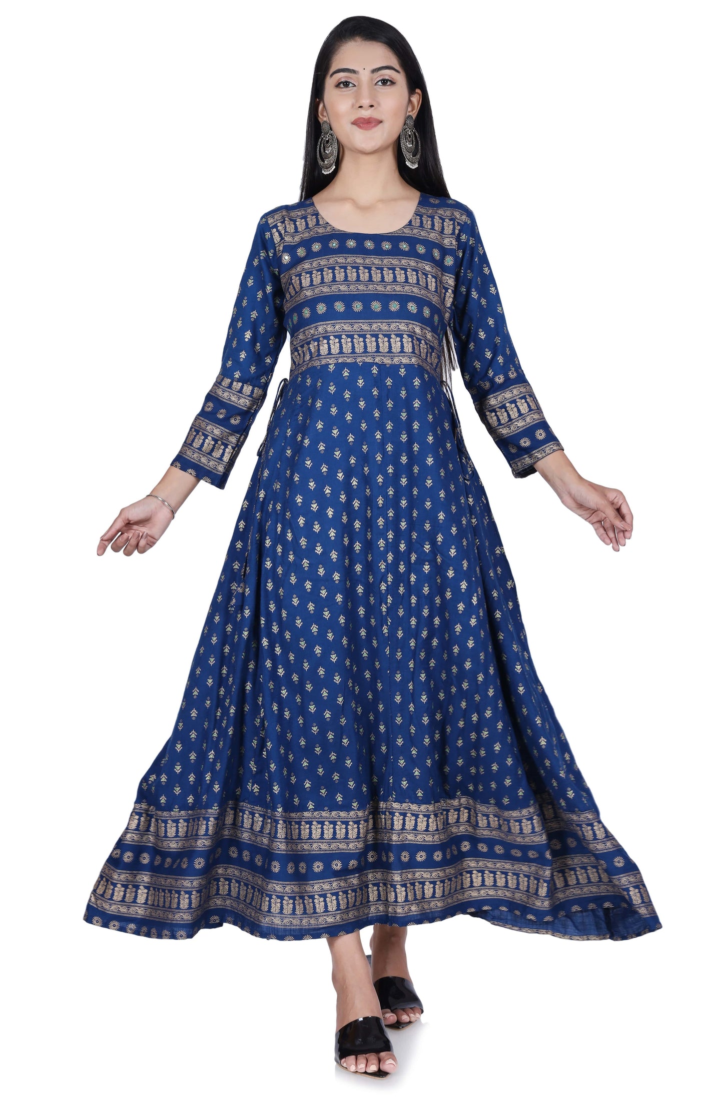 Blue Printed Cotton Flared Kurta - Fab Alchemy