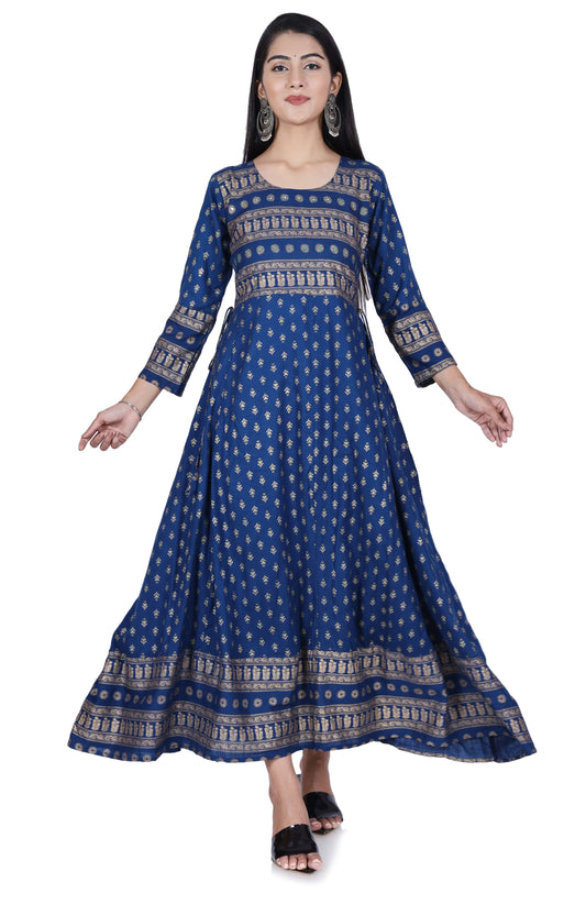 Blue Printed Cotton Flared Kurta - Fab Alchemy