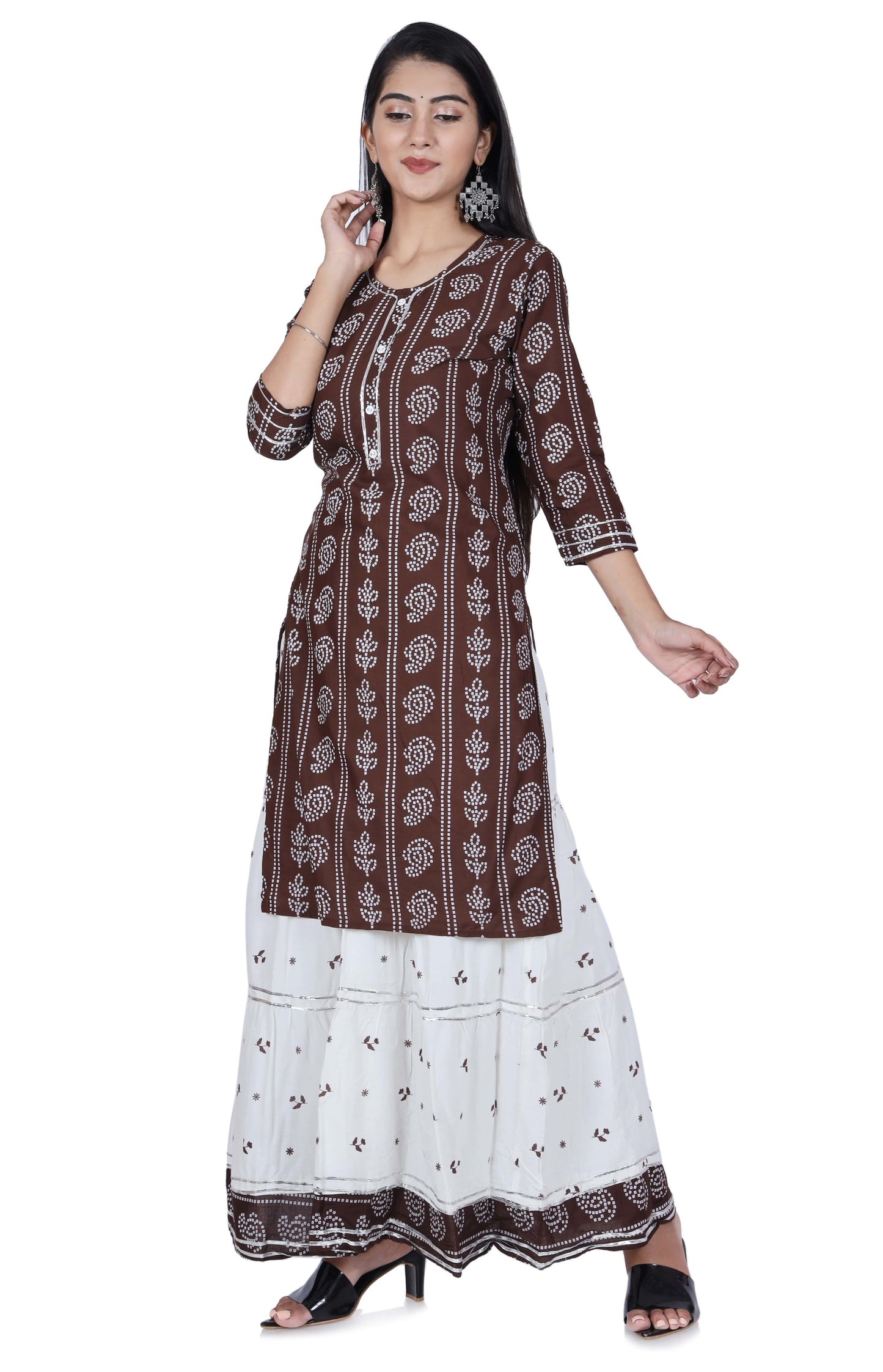 Brown Printed Cotton Kurta and Skirt Set - Fab Alchemy