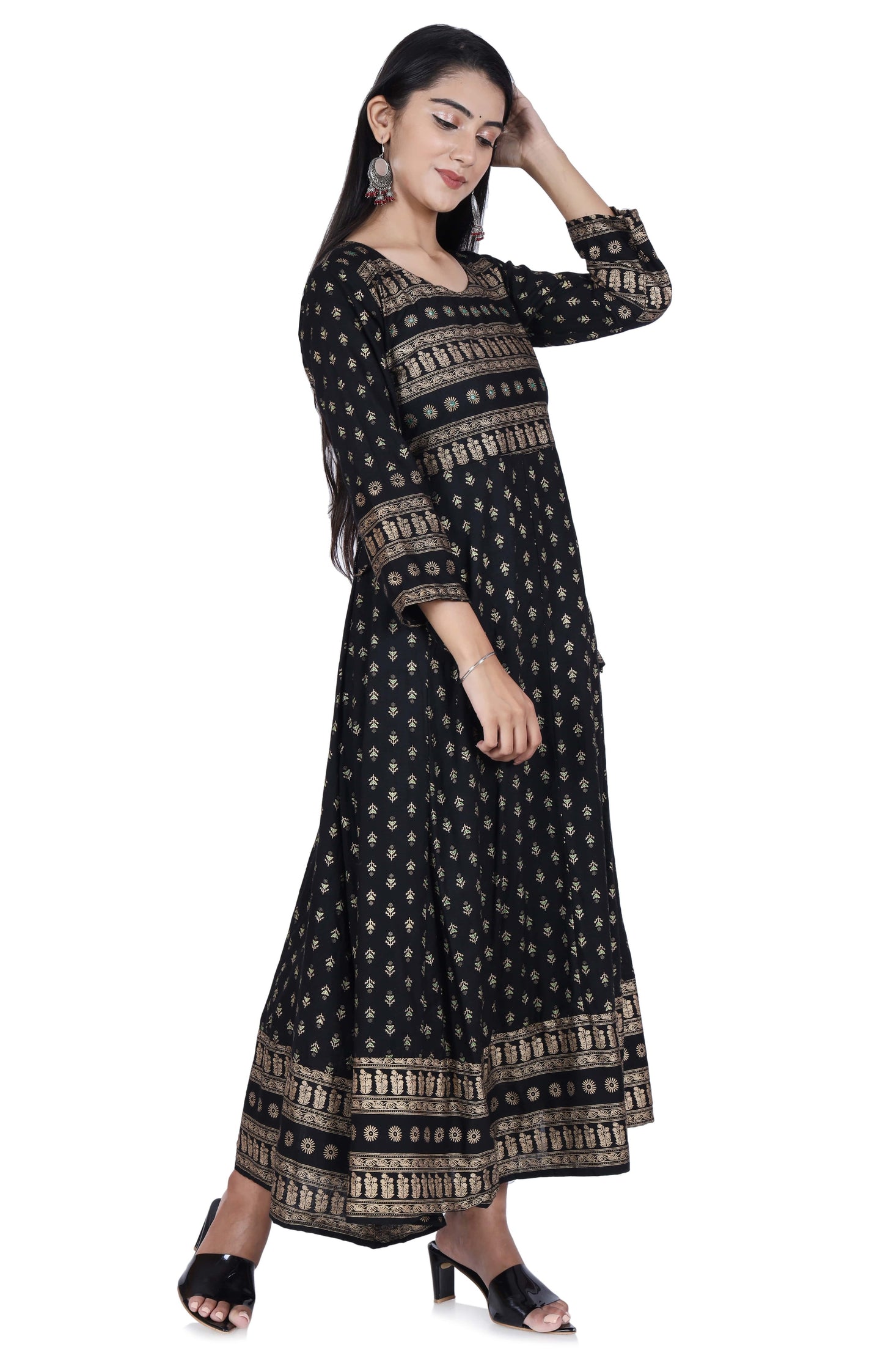 Black Printed Cotton Flared Kurta - Fab Alchemy