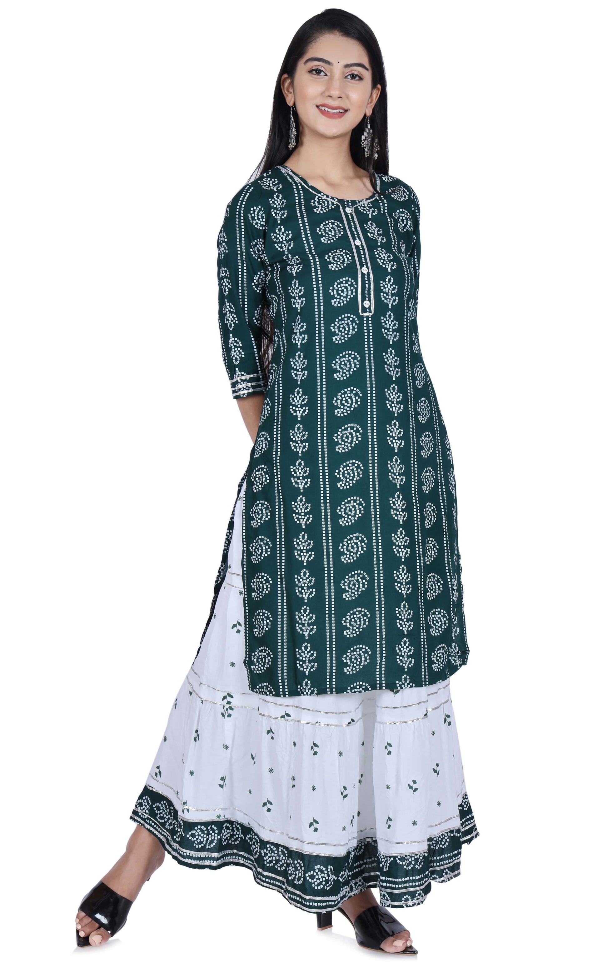 Green Printed Cotton Kurta and Skirt Set - Fab Alchemy