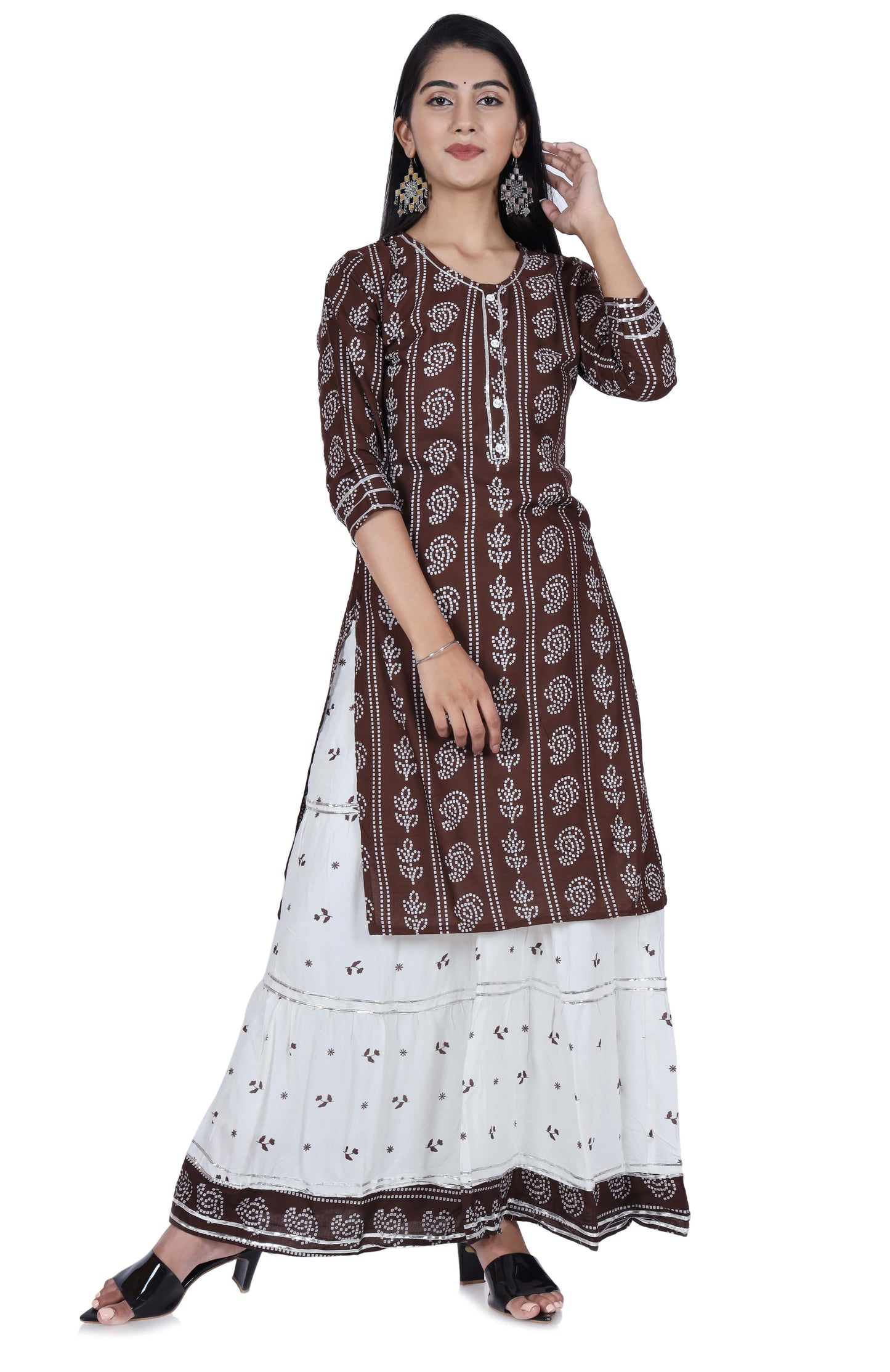 Brown Printed Cotton Kurta and Skirt Set - Fab Alchemy