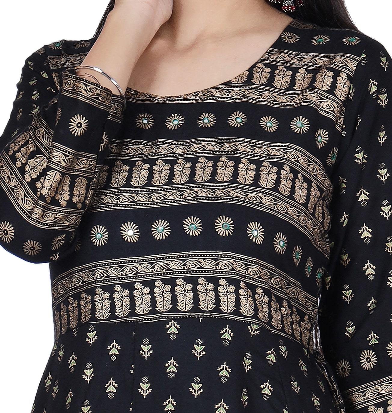 Black Printed Cotton Flared Kurta - Fab Alchemy