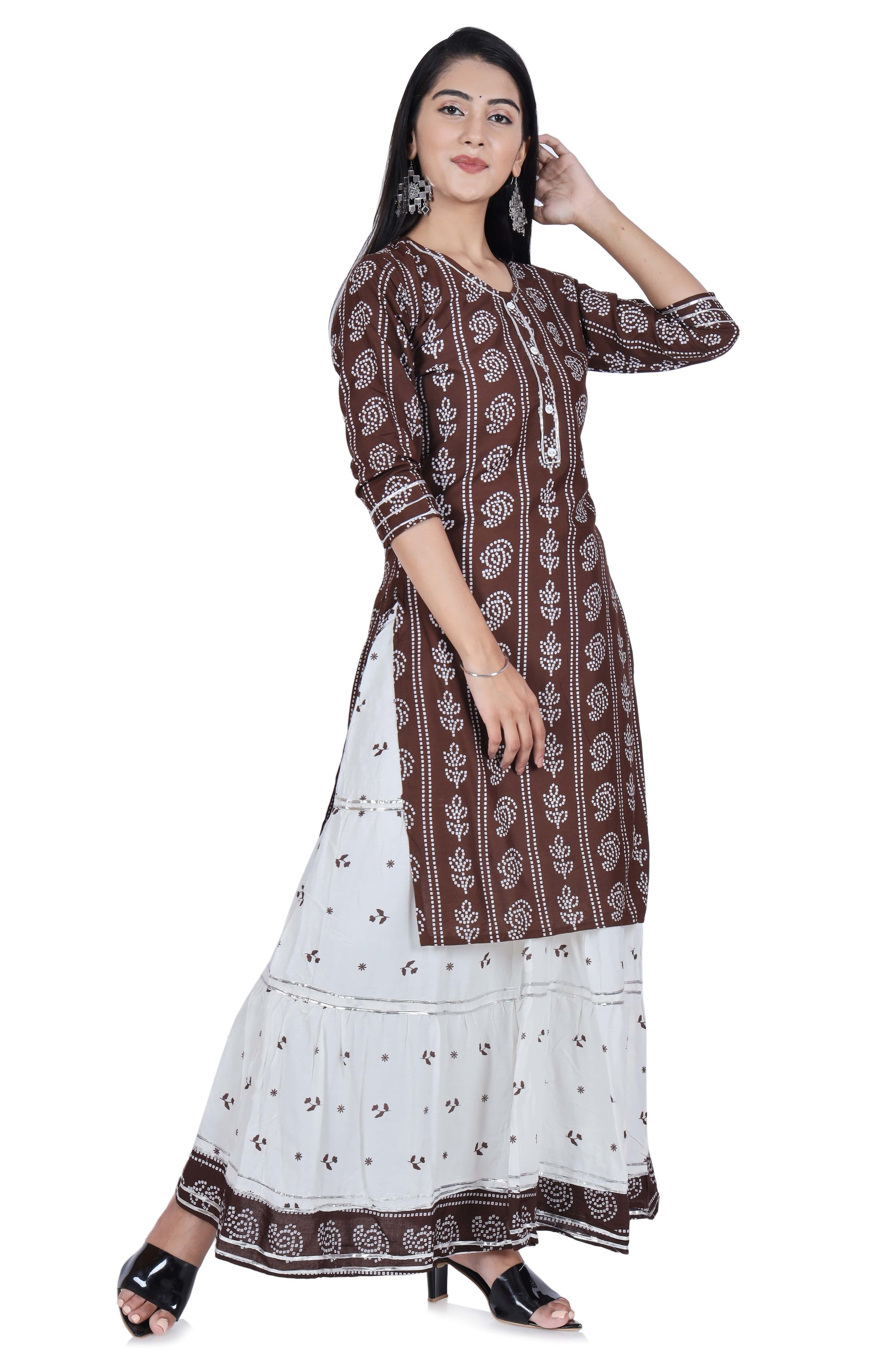 Brown Printed Cotton Kurta and Skirt Set - Fab Alchemy