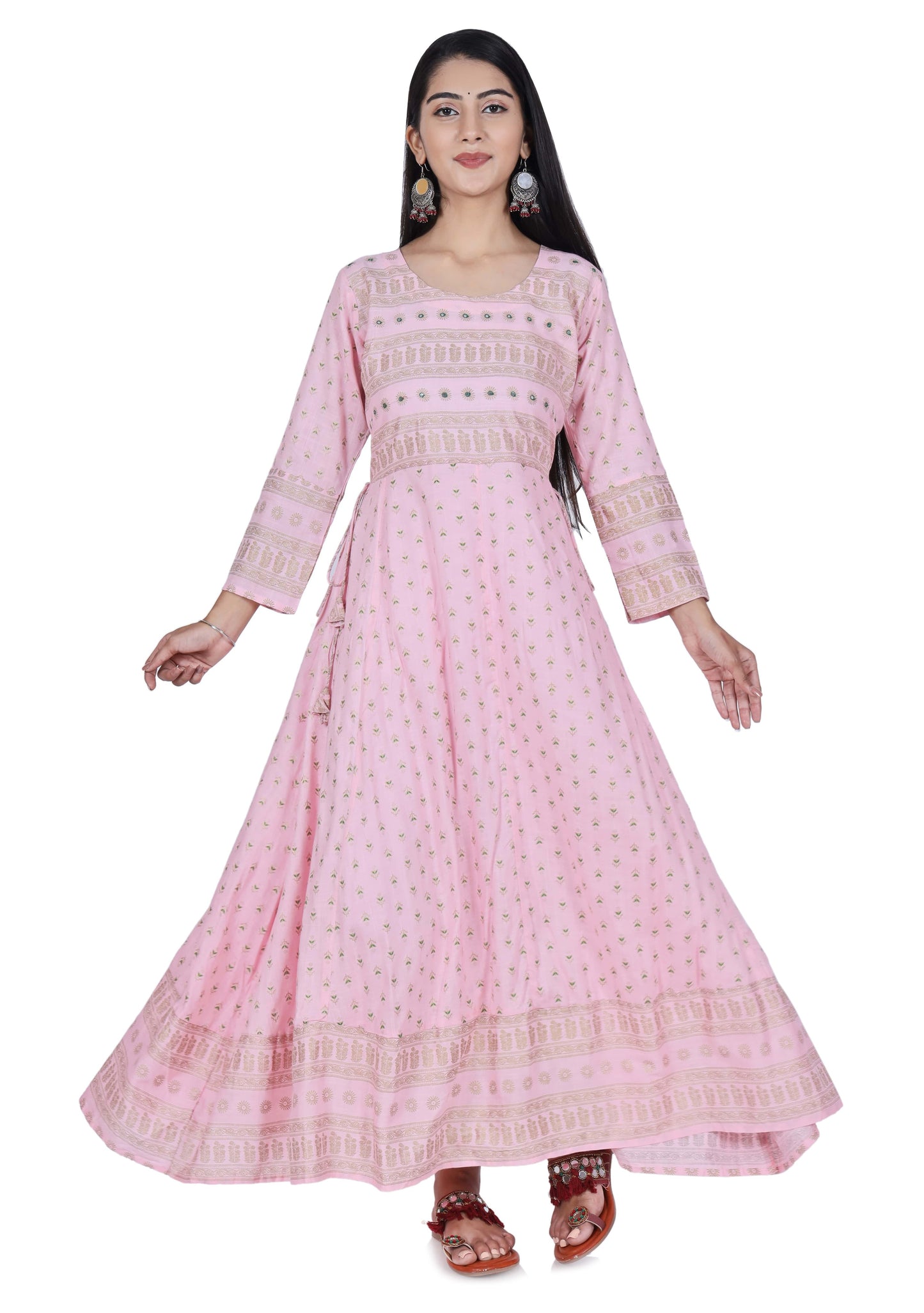Pink Printed Cotton Flared Kurta - Fab Alchemy