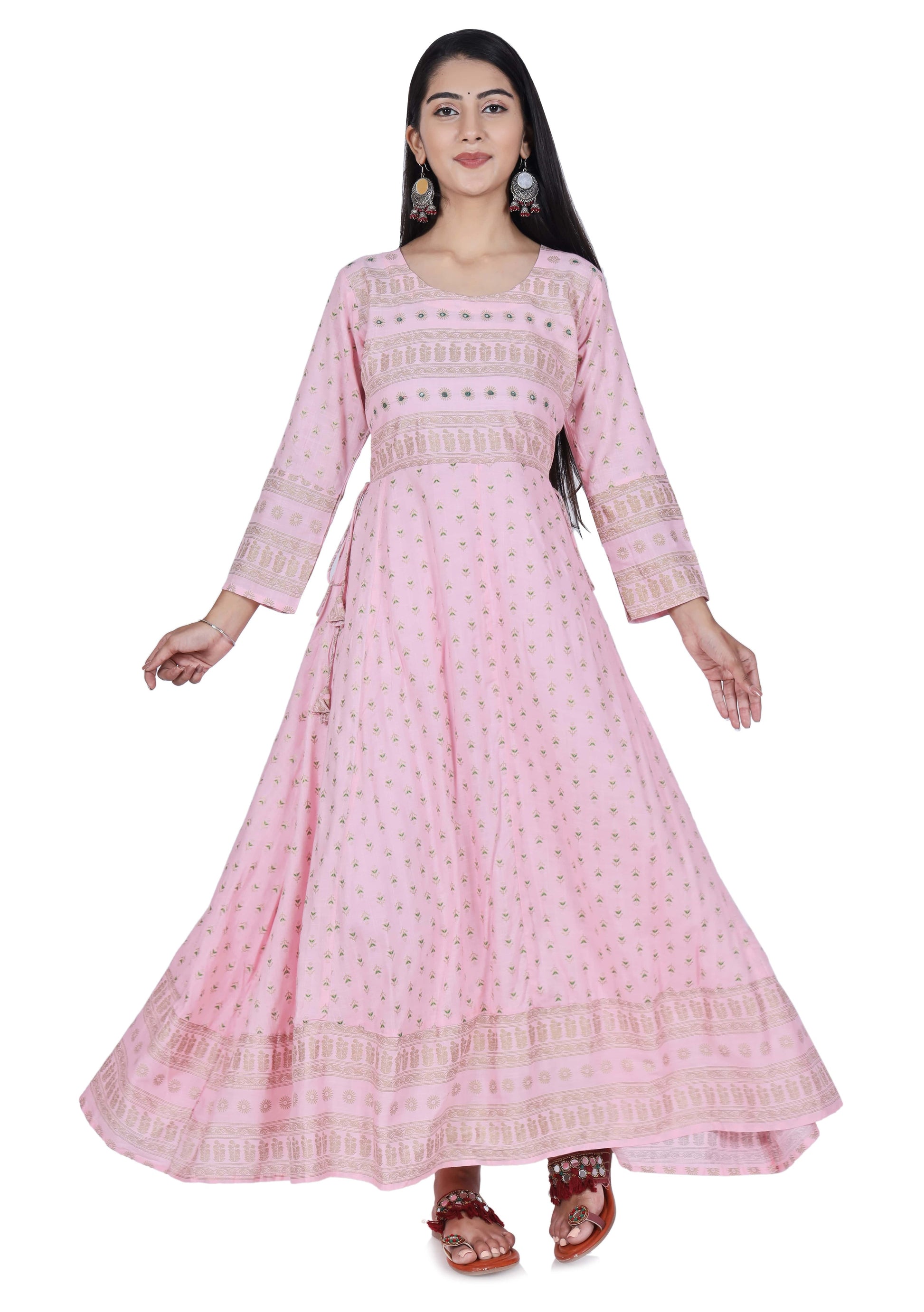 Pink Printed Cotton Flared Kurta - Fab Alchemy