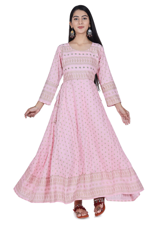 Pink Printed Cotton Flared Kurta - Fab Alchemy