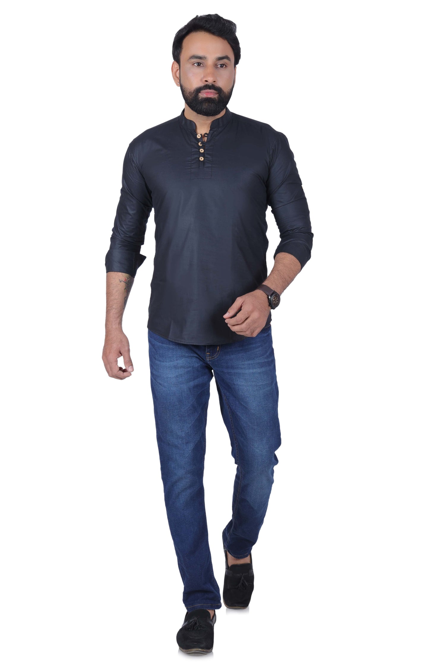 Black Solid Pure Cotton Straight Kurta - Fab Alchemy