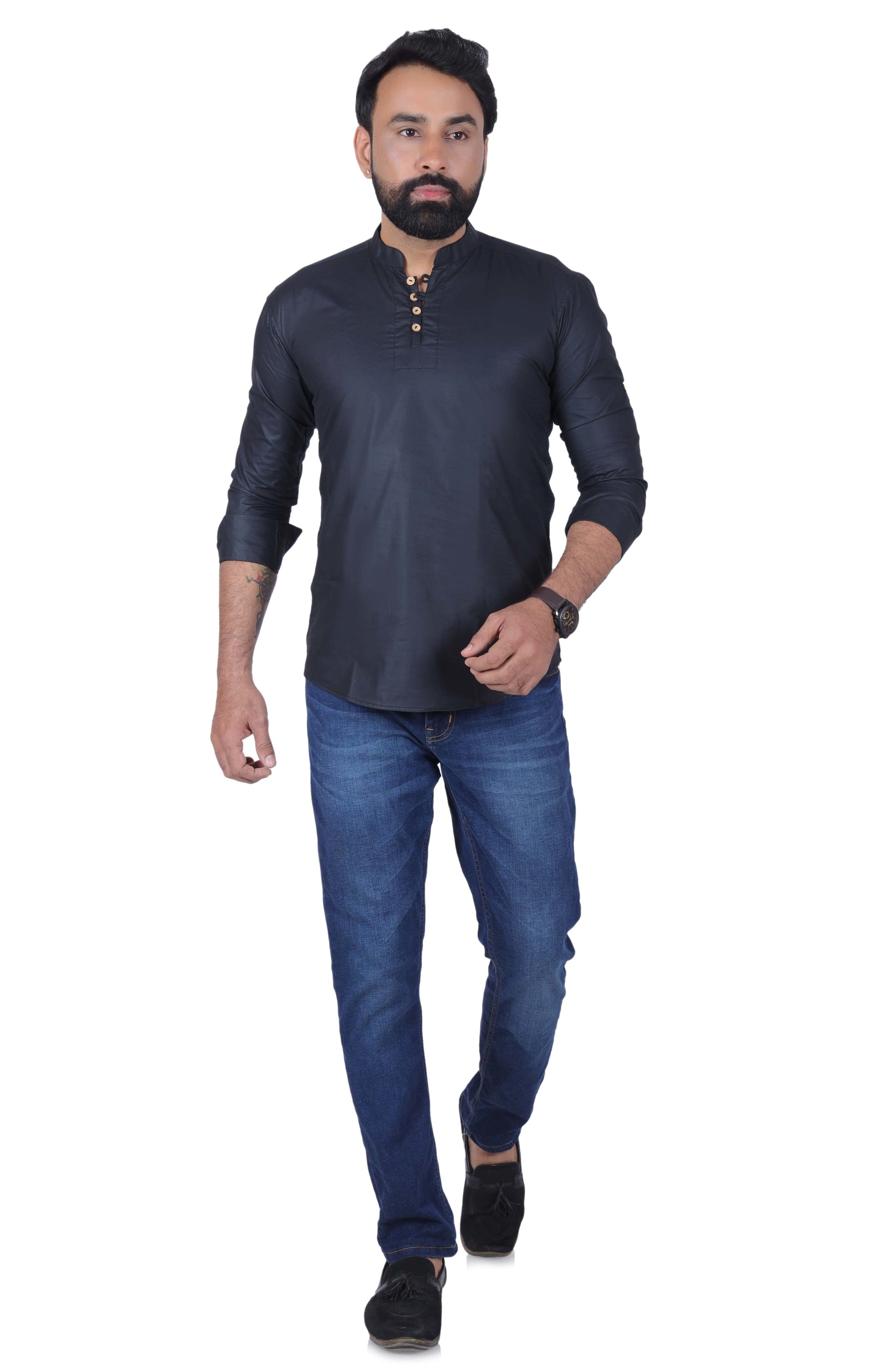 Black Solid Pure Cotton Straight Kurta - Fab Alchemy
