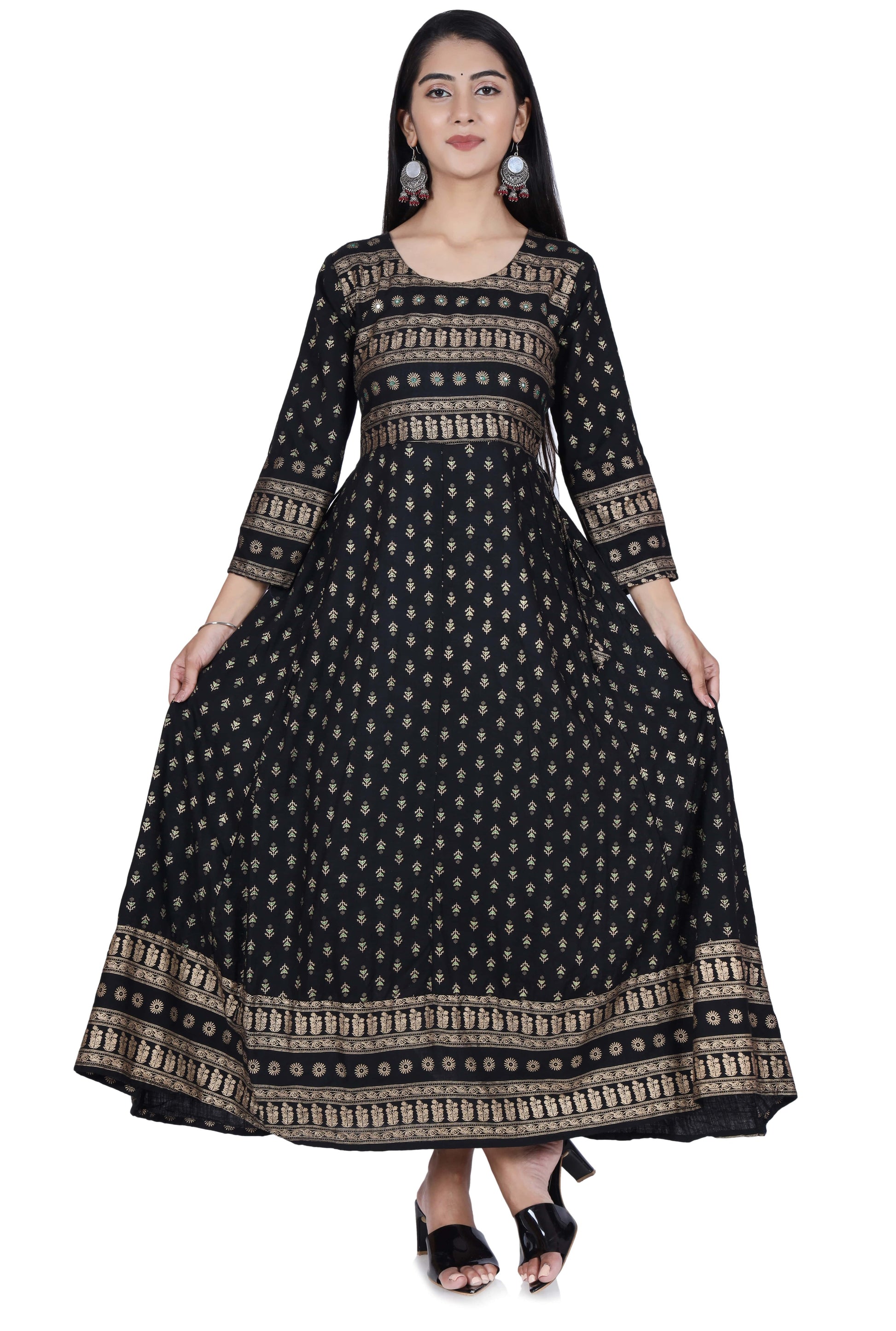 Black Printed Cotton Flared Kurta - Fab Alchemy
