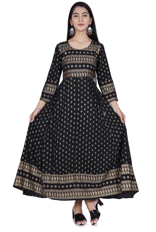 Black Printed Cotton Flared Kurta - Fab Alchemy