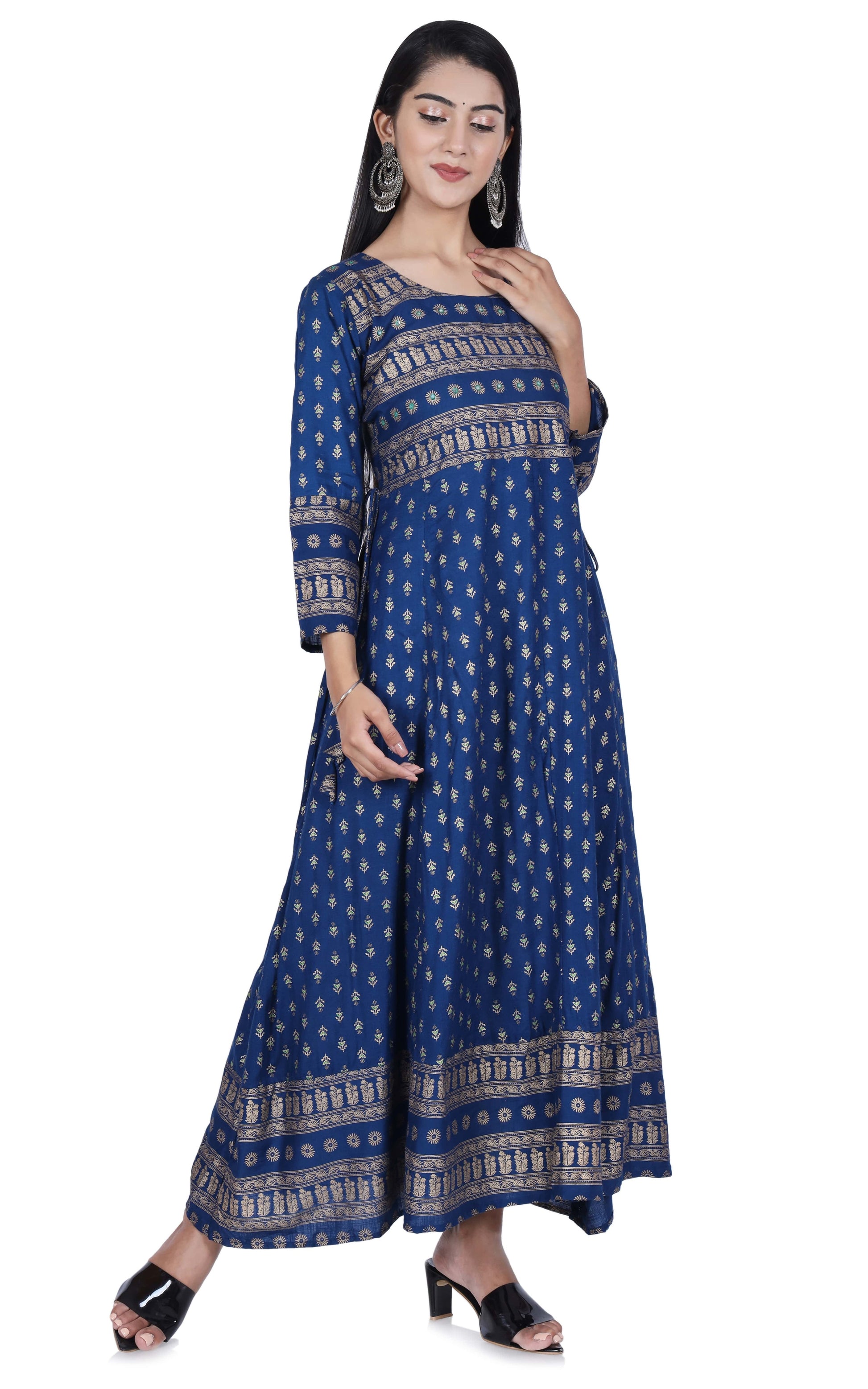 Blue Printed Cotton Flared Kurta - Fab Alchemy