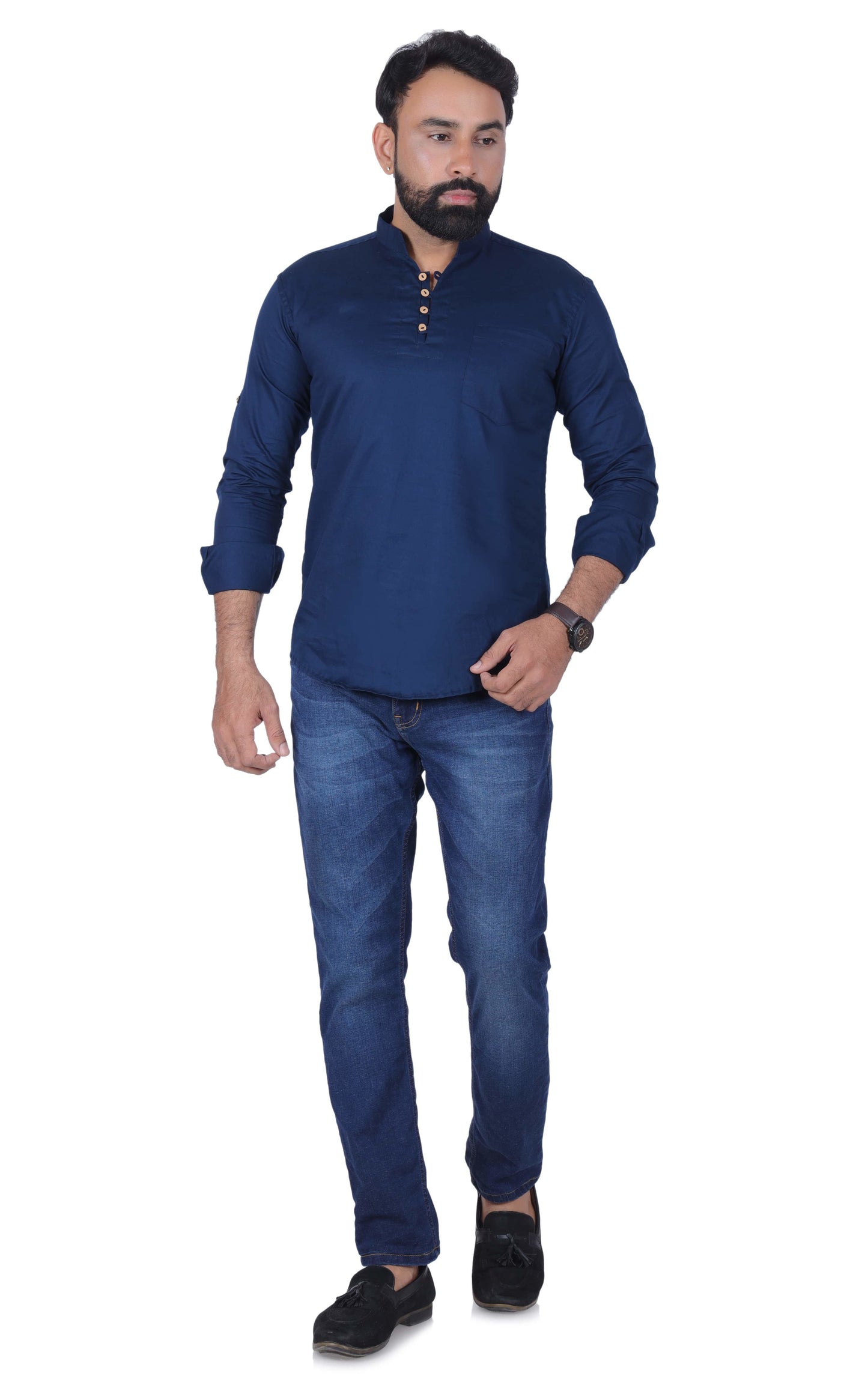 Dark Blue Solid Pure Cotton Straight Kurta - Fab Alchemy