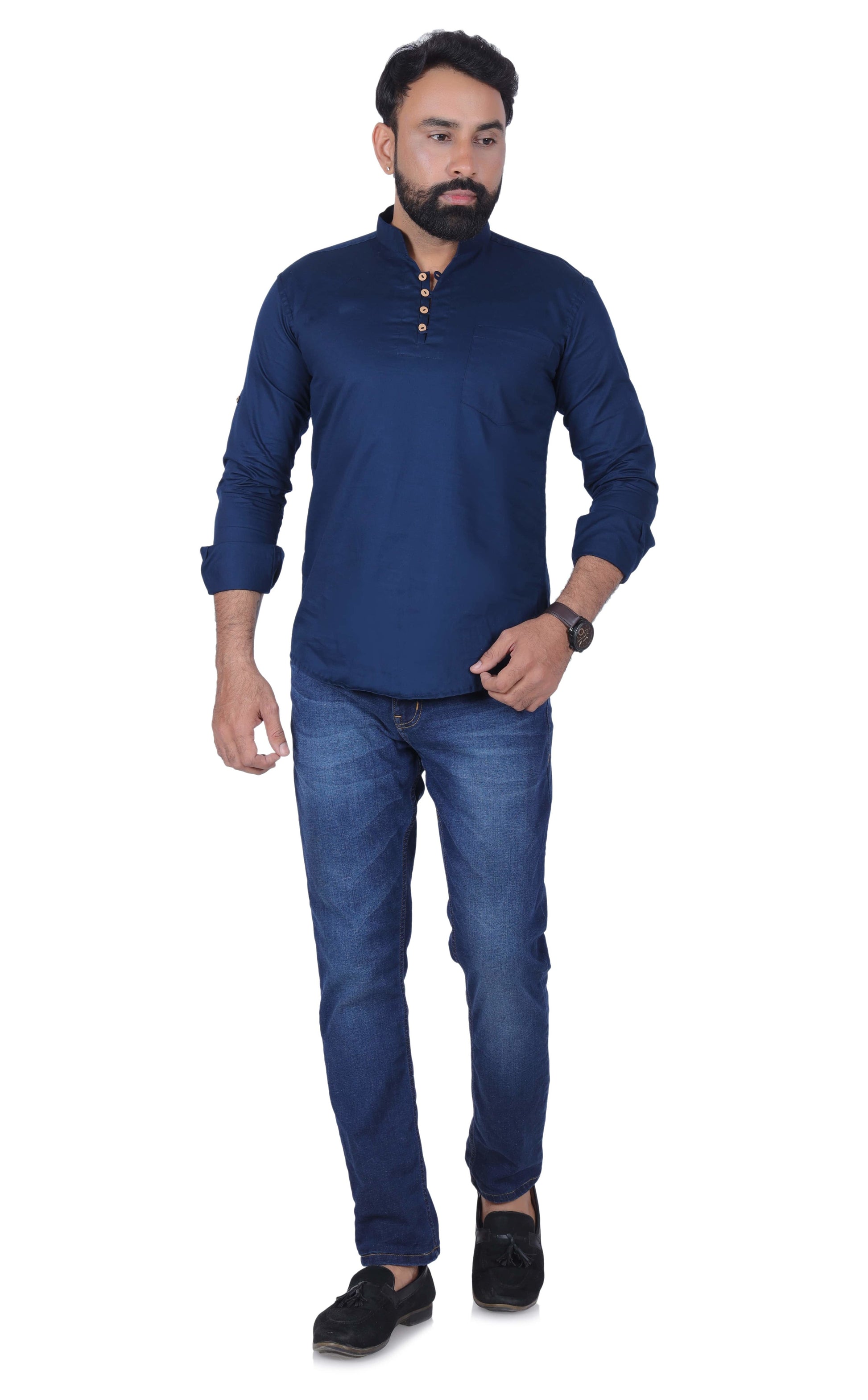 Dark Blue Solid Pure Cotton Straight Kurta - Fab Alchemy