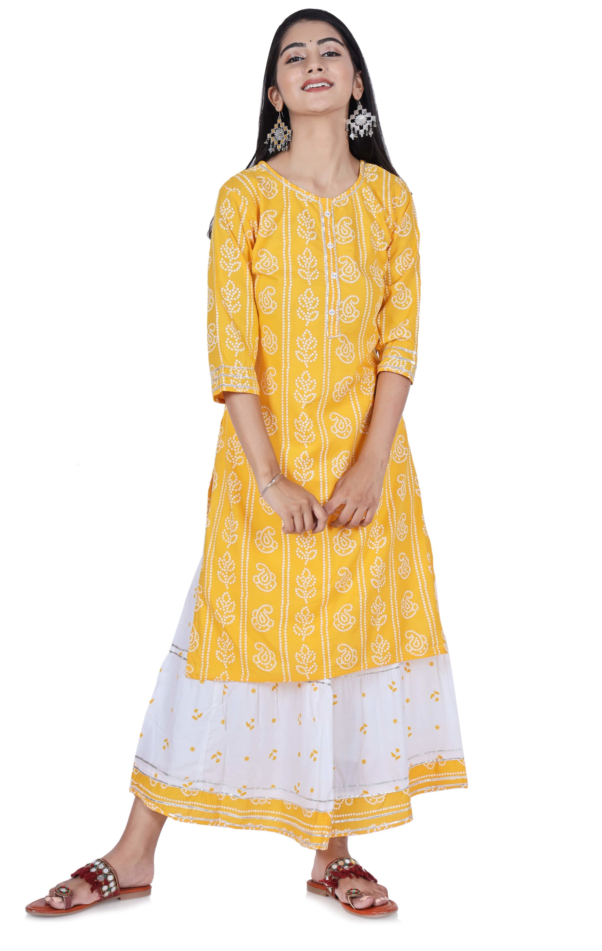 Yellow Printed Cotton Kurta and Skirt Set - Fab Alchemy