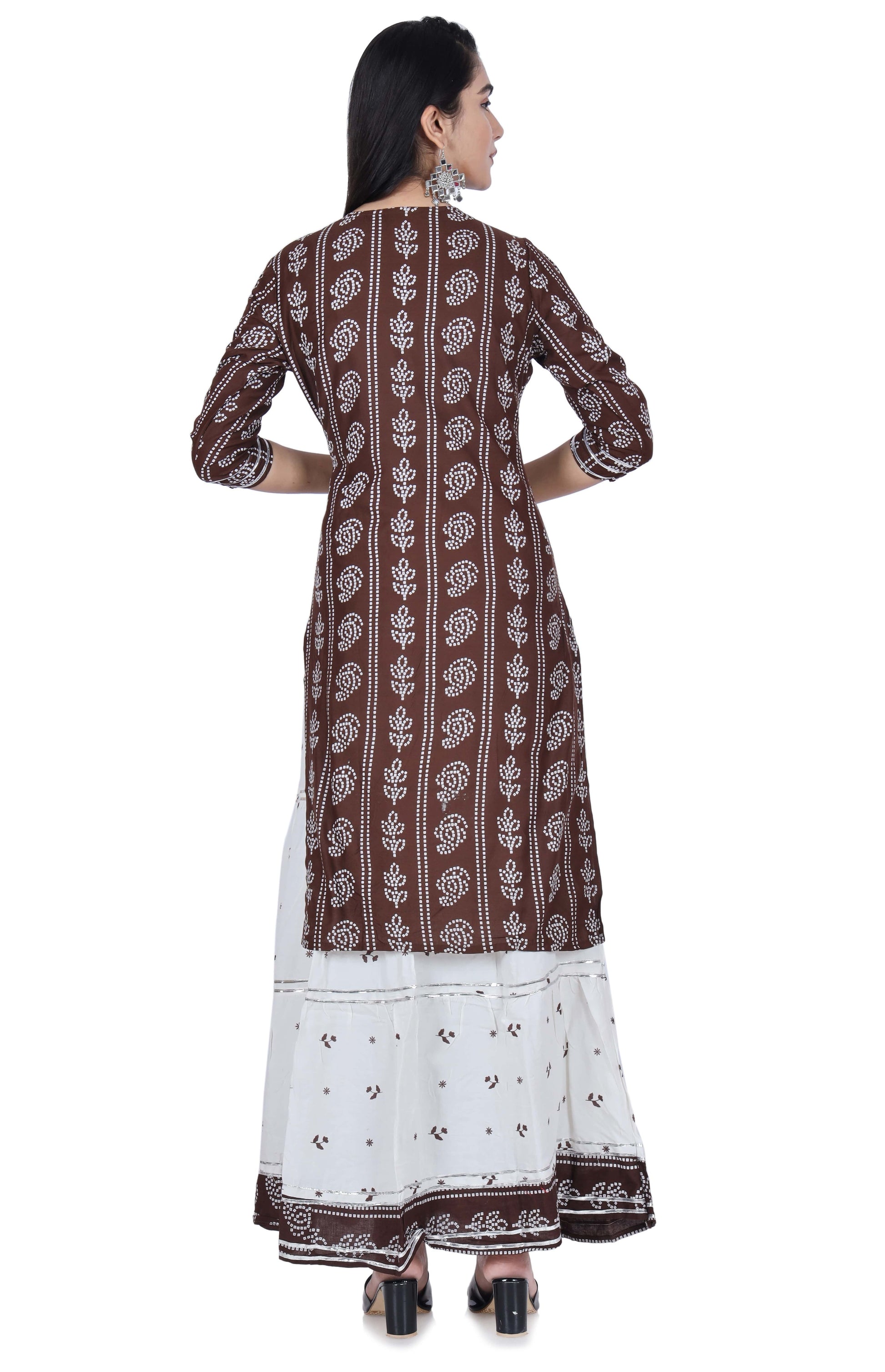 Brown Printed Cotton Kurta and Skirt Set - Fab Alchemy