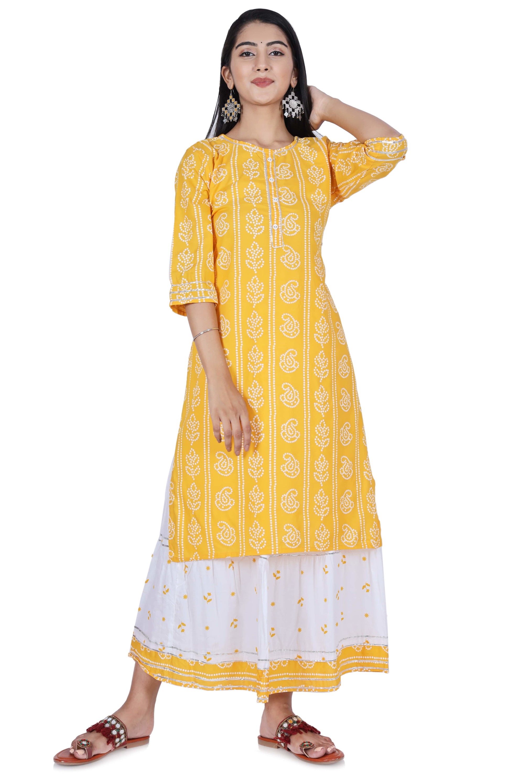 Yellow Printed Cotton Kurta and Skirt Set - Fab Alchemy