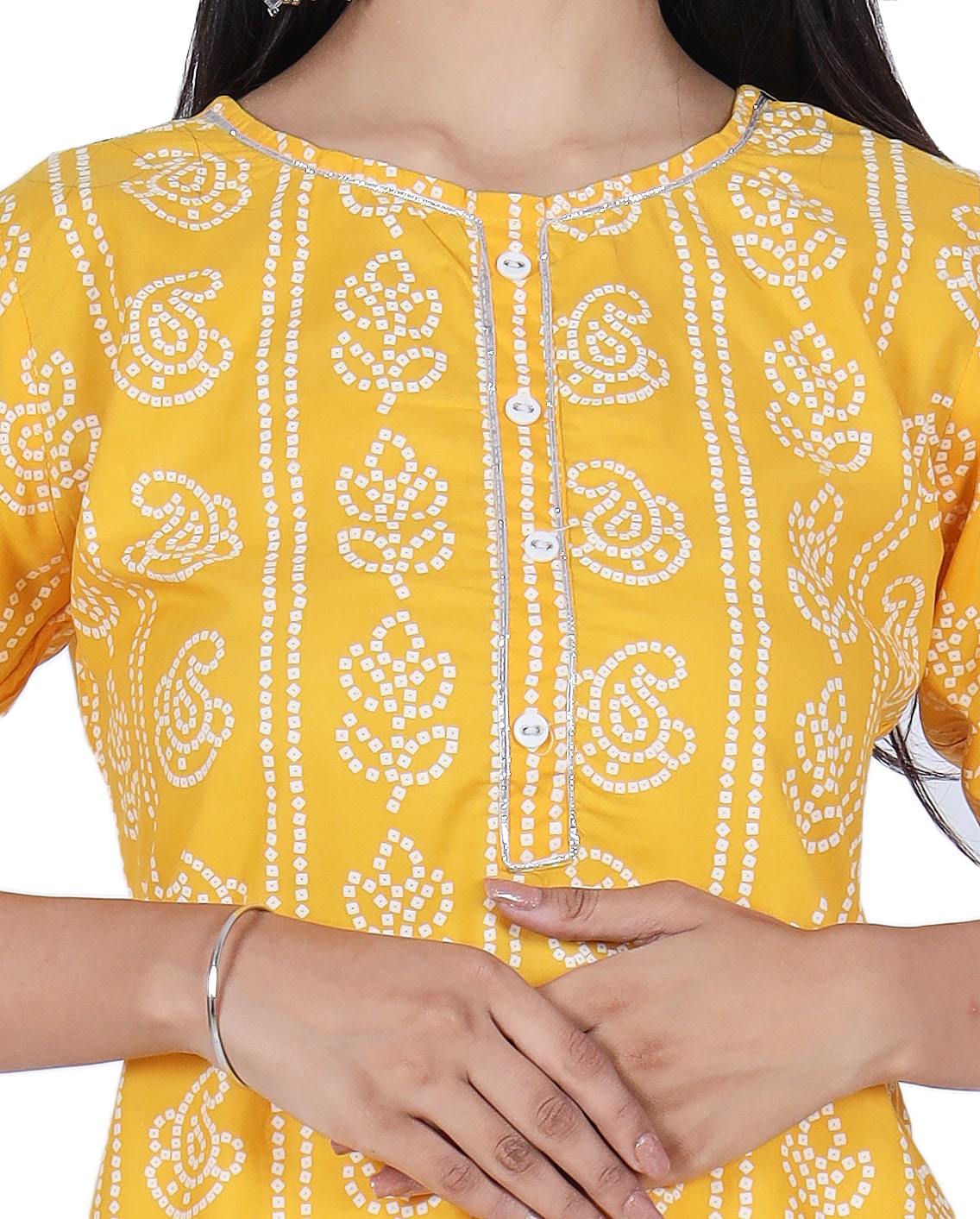 Yellow Printed Cotton Kurta and Skirt Set - Fab Alchemy