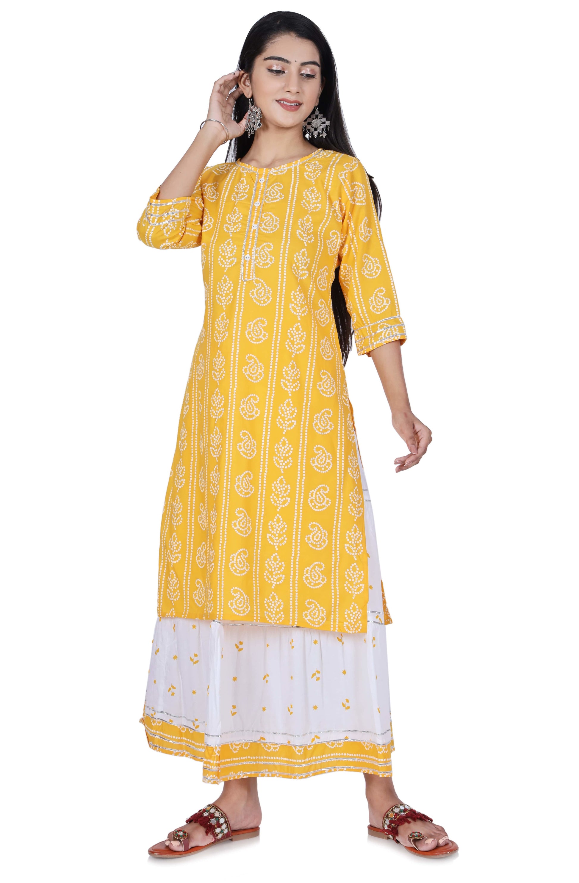 Yellow Printed Cotton Kurta and Skirt Set - Fab Alchemy