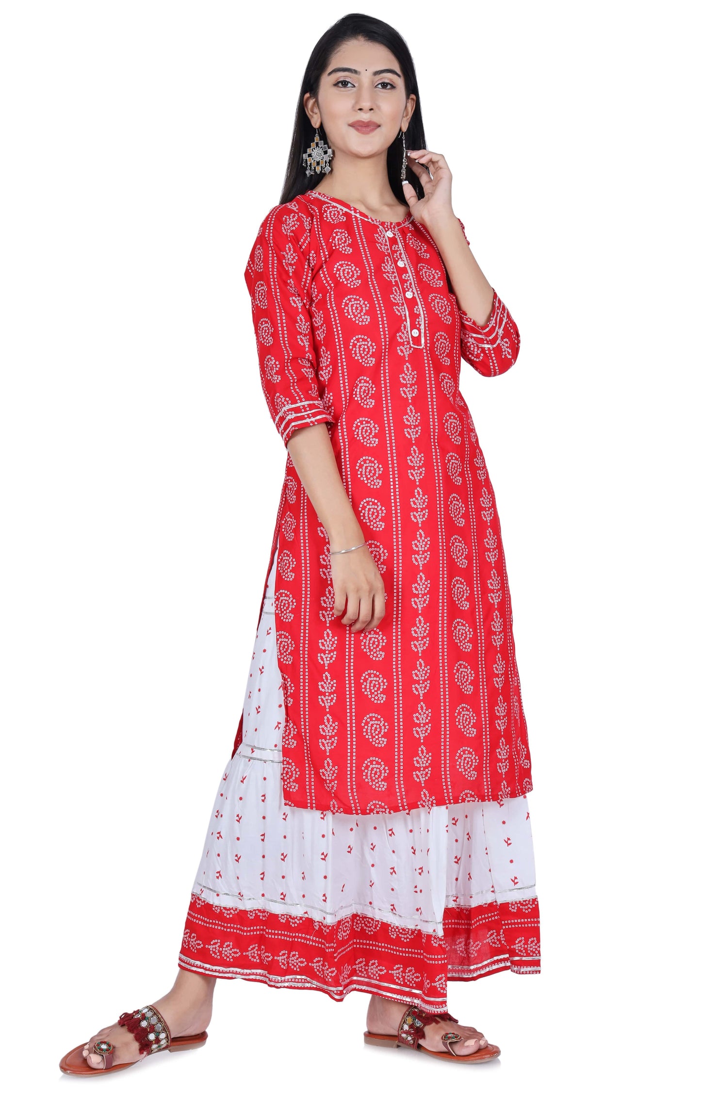 Red Printed Cotton Kurta and Skirt Set - Fab Alchemy