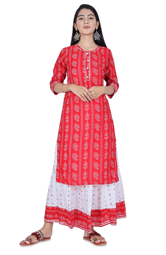 Red Printed Cotton Kurta and Skirt Set - Fab Alchemy