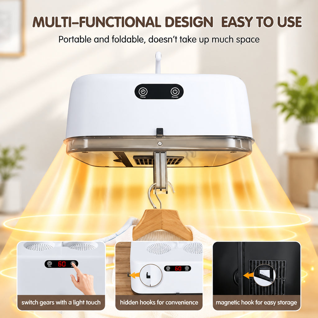 Portable and foldable device with text highlighting its multifunctional design and ease of use.