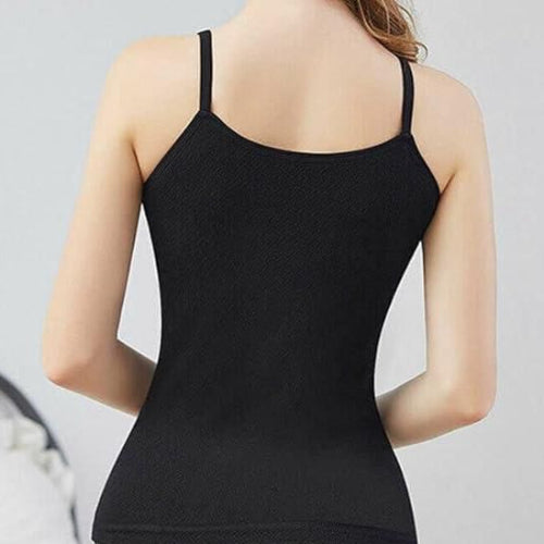 Black tank top worn by a person on a light gray background