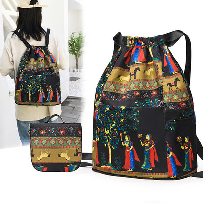 FabFolkTrail™ Folk-Print Foldable Drawstring Backpack