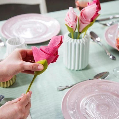 FabBloom green flower napkin holder with pink folded napkin