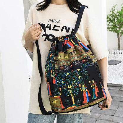 FabFolkTrail™ Folk-Print Foldable Drawstring Backpack