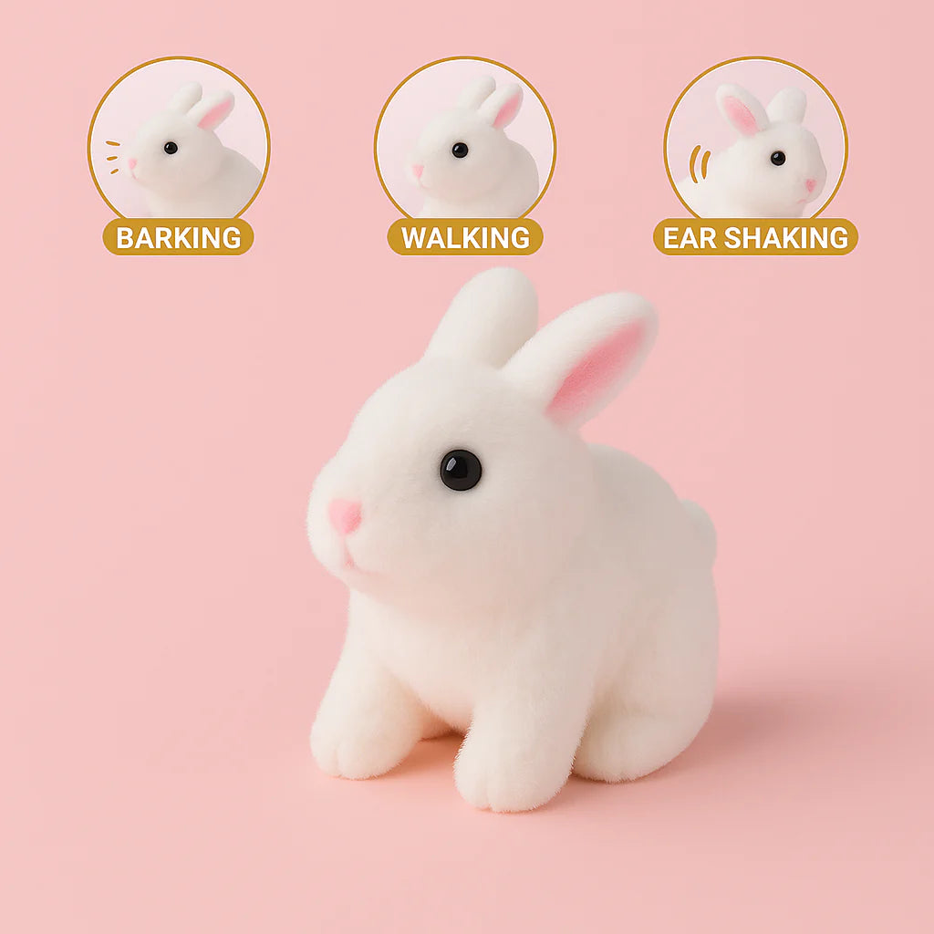 White plush toy rabbit with interactive features on a pink background