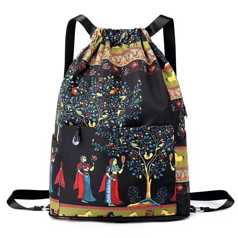 FabFolkTrail™ Folk-Print Foldable Drawstring Backpack