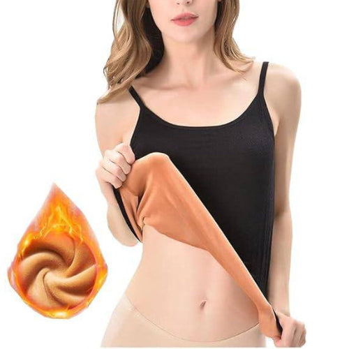 Woman wearing a black tank top with a close-up of the fabric texture on a white background.