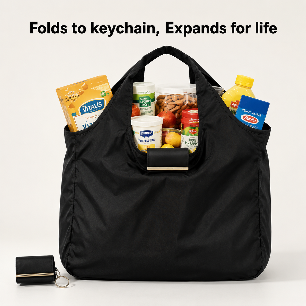 FabPocketTote™ Foldable Keychain Tote Bag (Black)