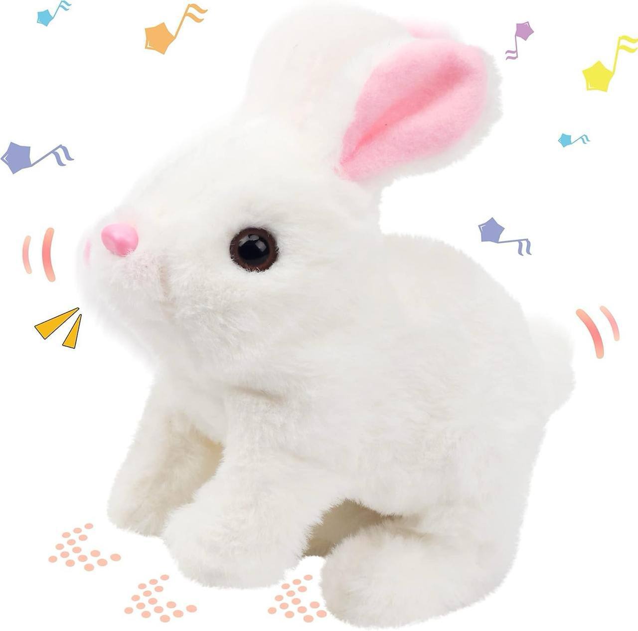 White plush rabbit toy with pink ears on a white background