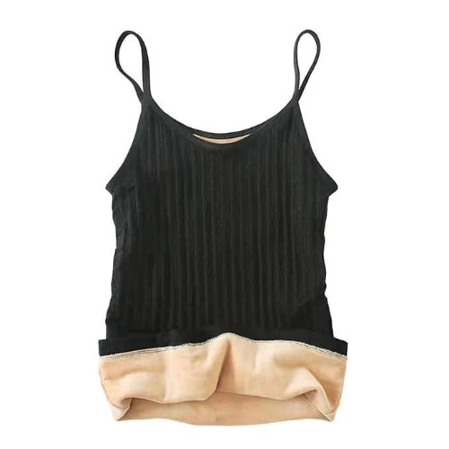 Black and beige tank top with thin straps on a white background