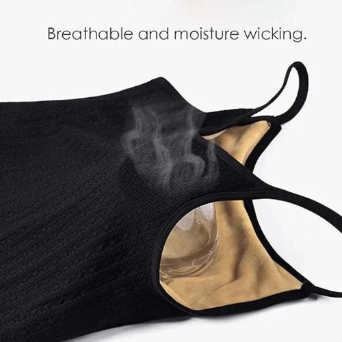 Black tank top with a close-up of the interior material on a white background, labeled 'Breathable and moisture wicking'.