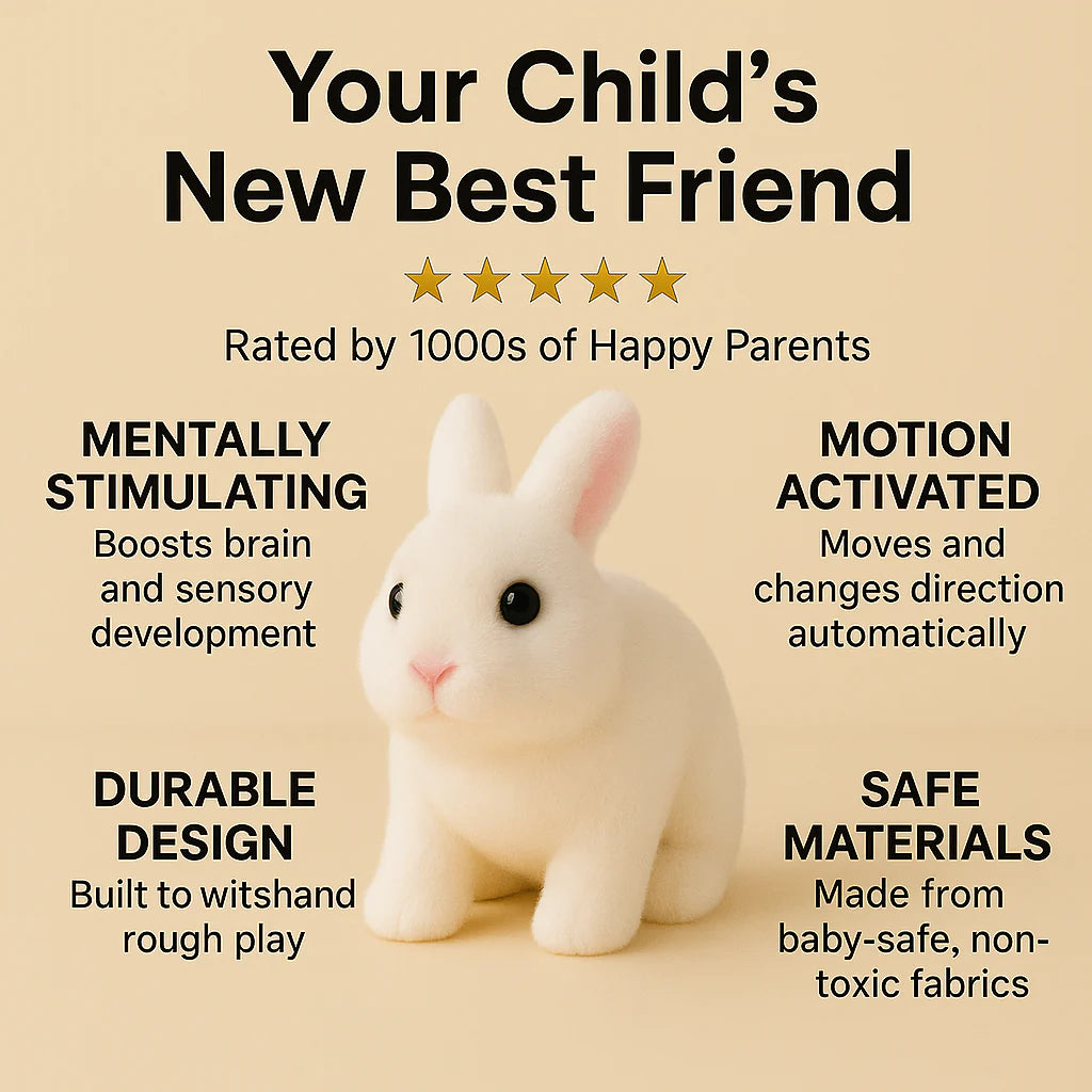 White toy rabbit with text highlighting its features on a beige background