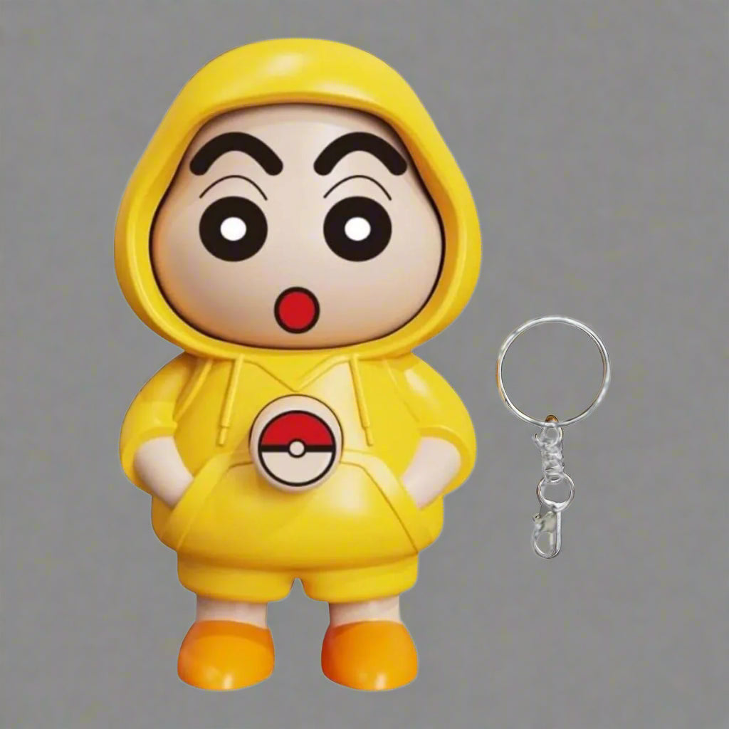 Toy figure in a yellow outfit with a Pokémon logo and keychain on a white background